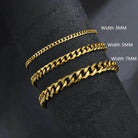 Gold mens Cuban chain bracelet in three widths: 3mm, 5mm, and 7mm for stylish men's accessories