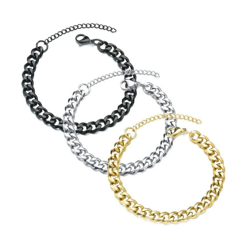 Men's Cuban chain bracelet set in gold, silver, and black with adjustable lengths from VacationGrabs