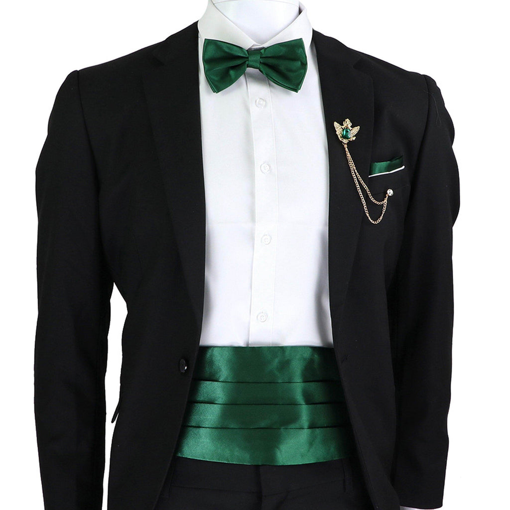 Mens Cummerbund Bow Tie Brooch Set Black Red Blue - VacationGrabs
