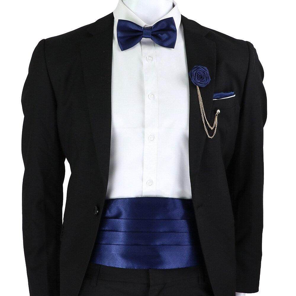 Mens Cummerbund Bow Tie Brooch Set Black Red Blue - VacationGrabs
