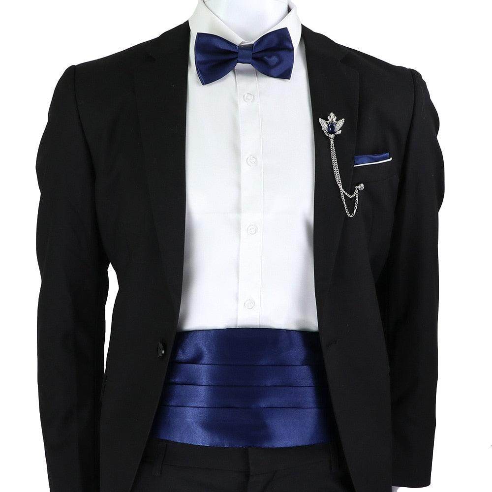 Mens Cummerbund Bow Tie Brooch Set Black Red Blue - VacationGrabs