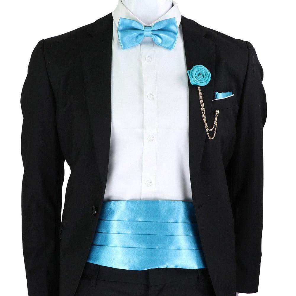 Men's Cummerbund Bow Tie Set in Sky Blue for Formal Events with Pocket Square and Flower Lapel Pin