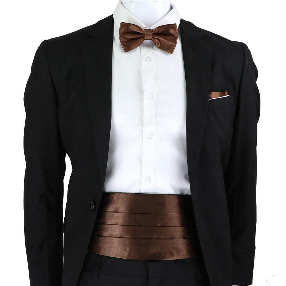 Men's Cummerbund Bow Tie Set by VacationGrabs in rich brown, perfect for formal events.