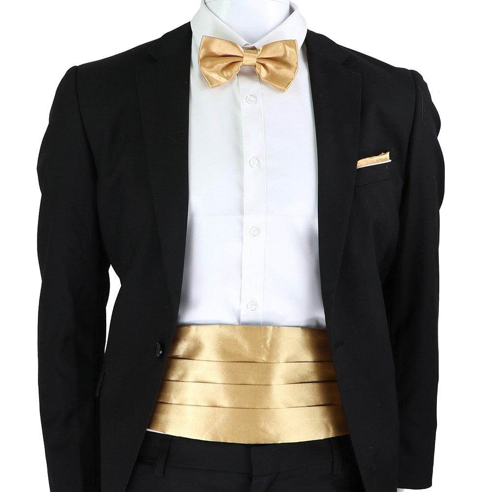 Elegant men's cummerbund bow tie set in gold with classic tuxedo styling for formal occasions