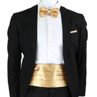 Elegant men's cummerbund bow tie set in gold with classic tuxedo styling for formal occasions