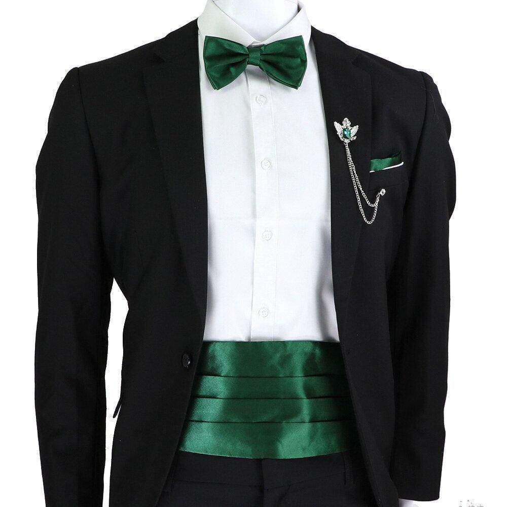 Men's cummerbund bow tie set in green featured with a black tuxedo for formal events