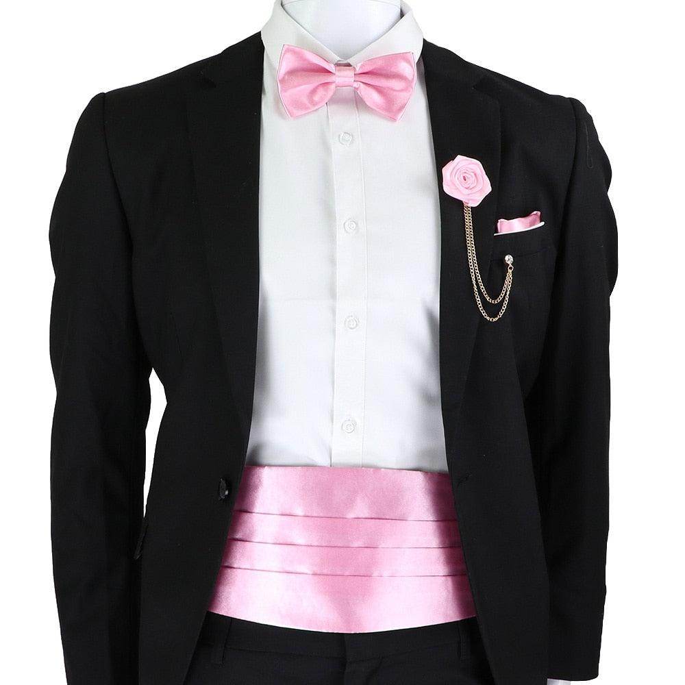 Men's cummerbund bow tie set in pink, perfect for formal occasions and stylish events