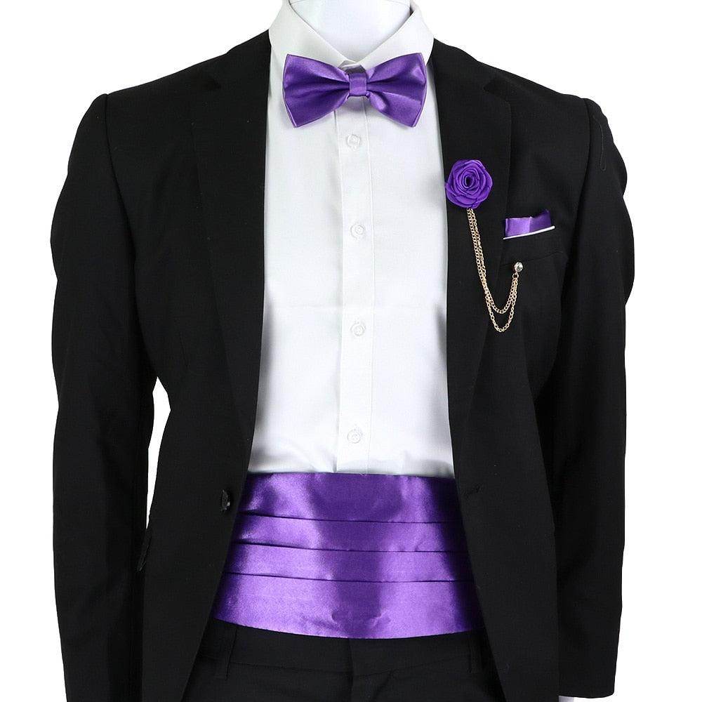 Men's Cummerbund Bow Tie Set in Purple with Matching Pocket Square for Formal Events