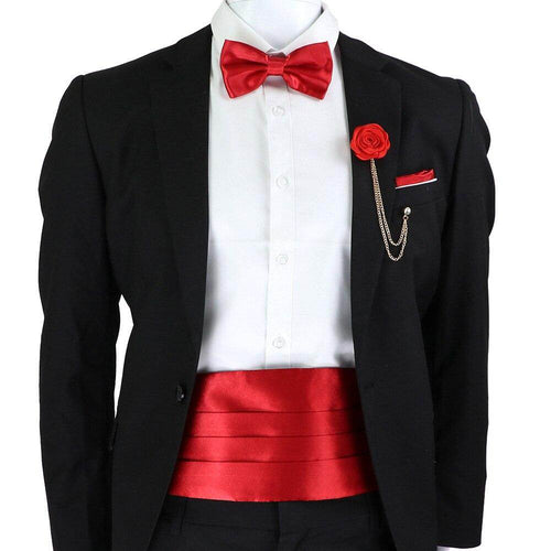 Men's Cummerbund Bow Tie Set in Red with Stylish Pocket Square for Formal Events