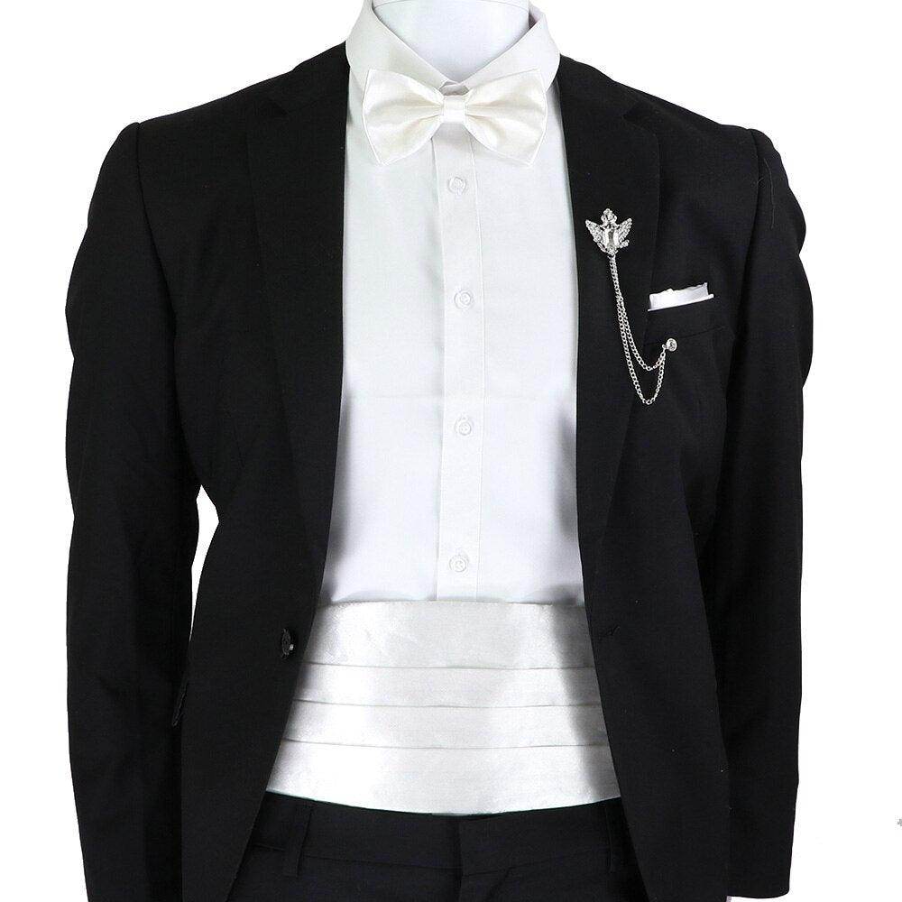 Stylish mens cummerbund bow tie set in white for formal occasions and elegant events