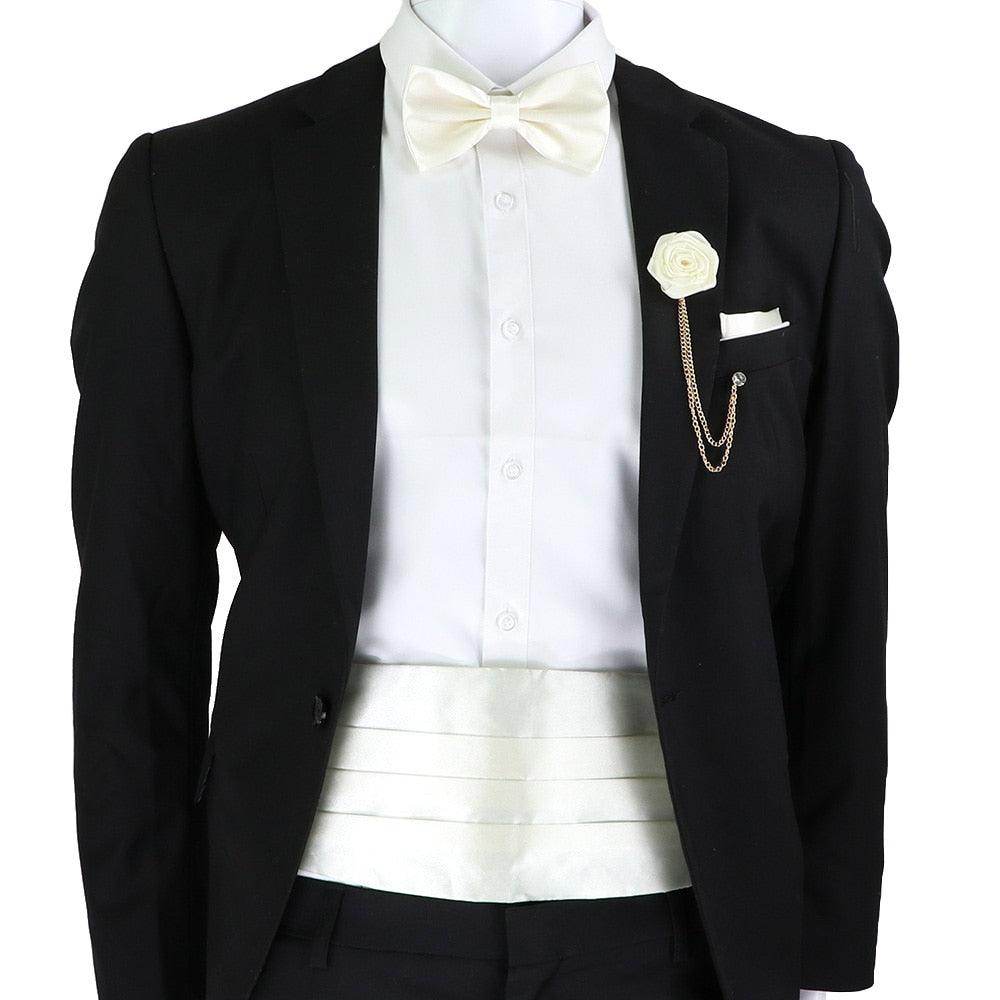 Men's formal attire featuring a men's cummerbund bow tie set with a white bow tie and elegant details