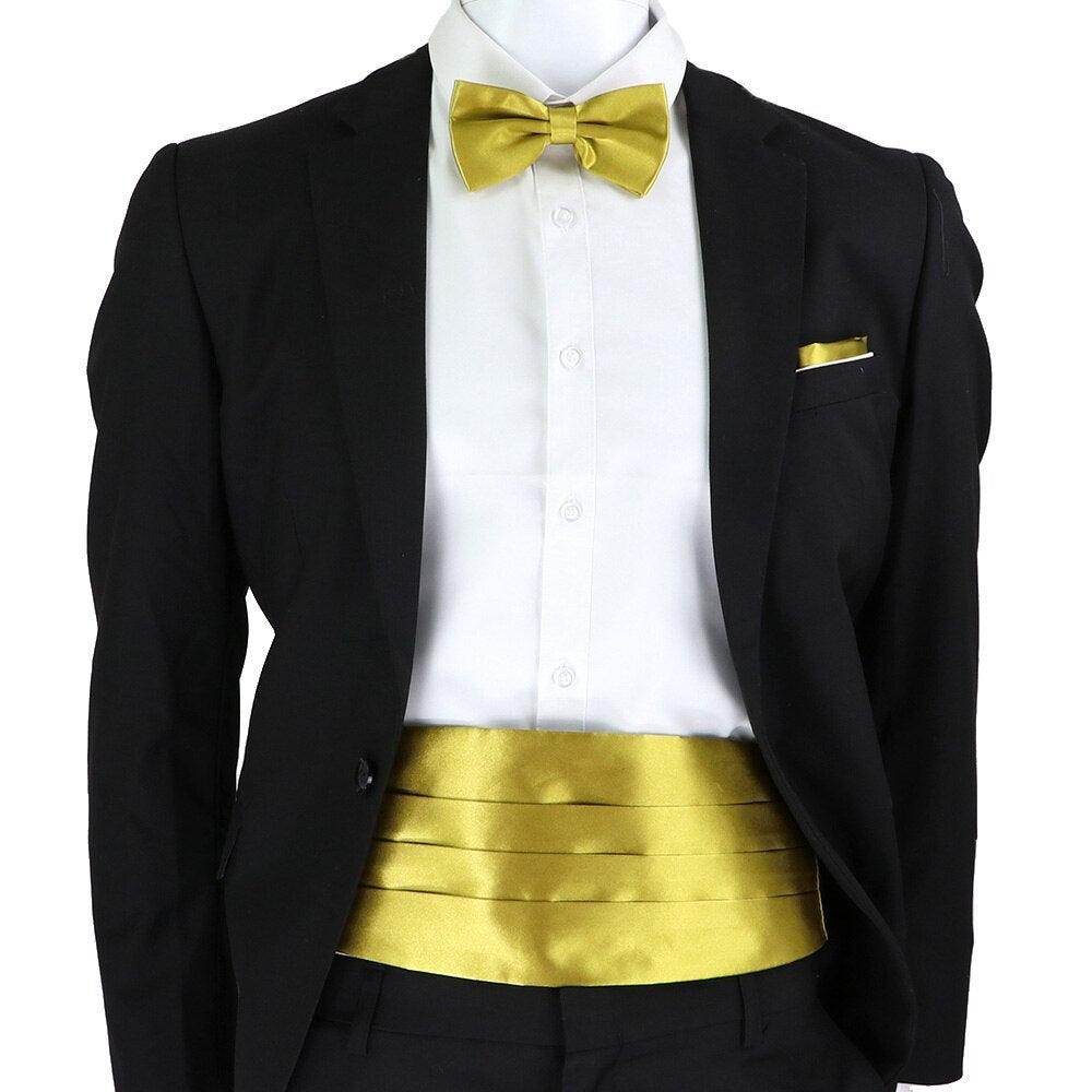 Gold mens cummerbund bow tie set featured on a formal suit for stylish occasions