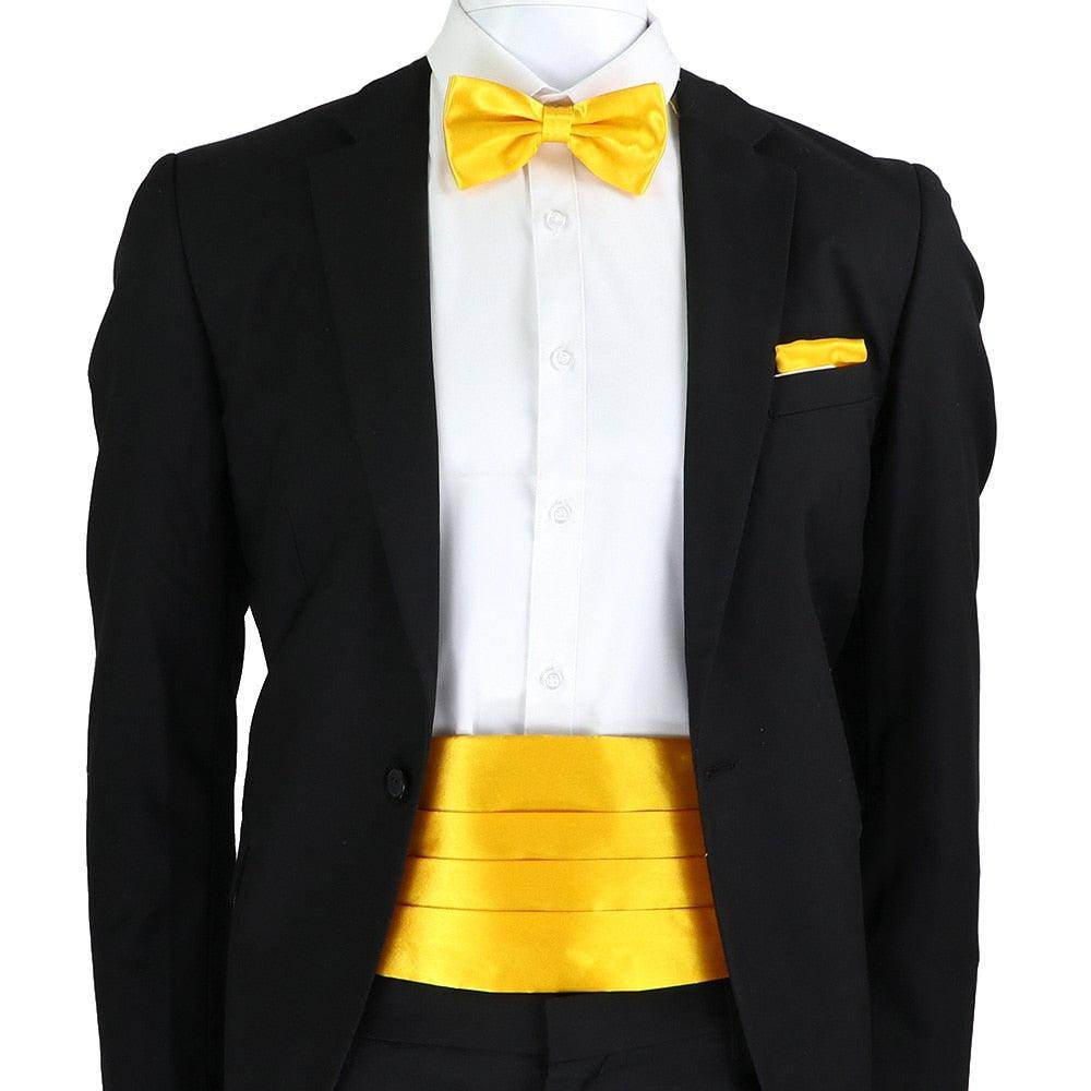 Mens cummerbund bow tie set in vibrant yellow, perfect for formal occasions and stylish events.