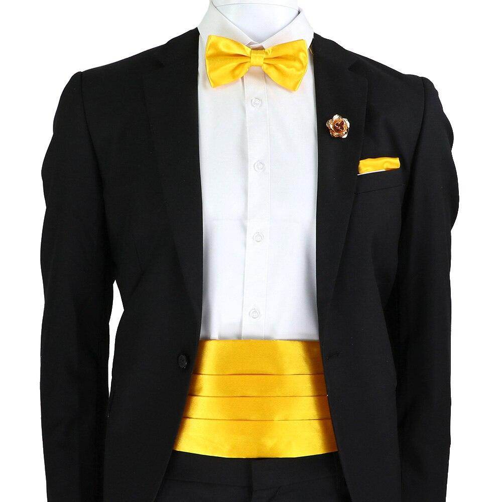 Stylish mens cummerbund bow tie set in vibrant yellow, perfect for formal events and special occasions