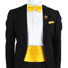 Stylish mens cummerbund bow tie set in vibrant yellow, perfect for formal events and special occasions