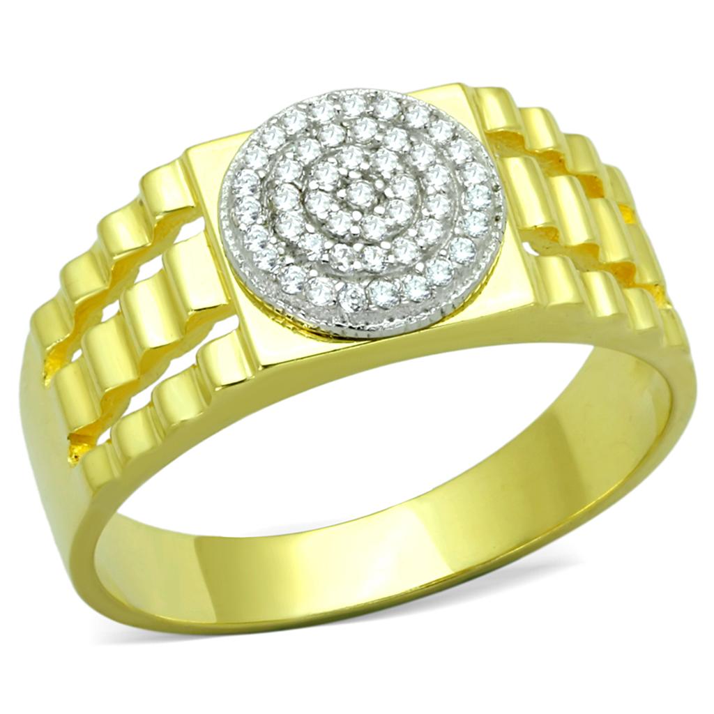 Gold-tone mens CZ statement ring 925 silver featuring a spiral design with sparkling stones