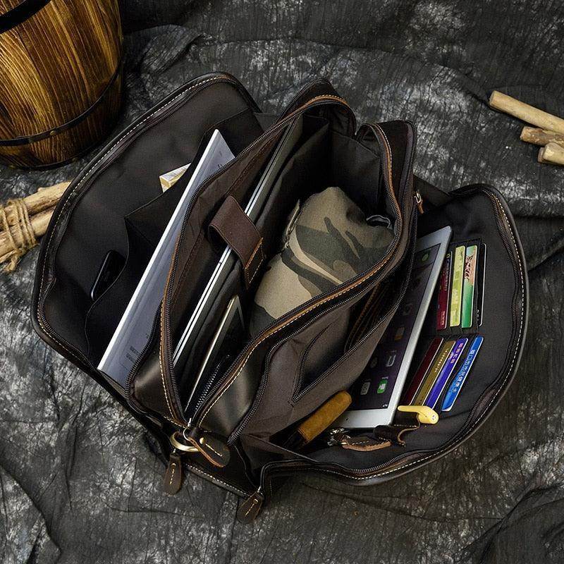 Mens double zipper briefcase in brown with organized compartments for laptops and accessories