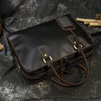 Mens double zipper briefcase in black leather with sturdy handles and sleek design for professional use