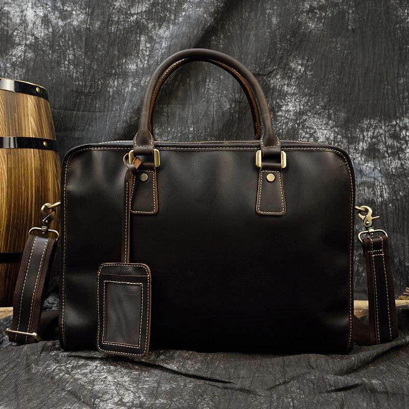 VacationGrabs mens double zipper briefcase in black leather with detachable shoulder strap and luggage tag