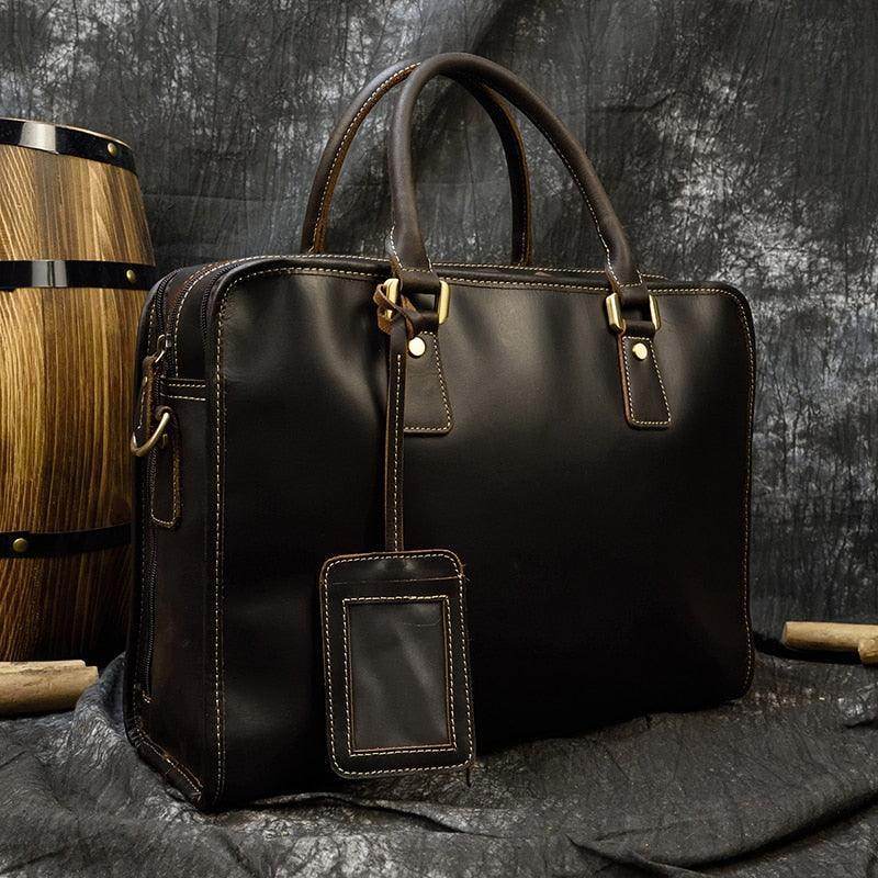 VacationGrabs mens double zipper briefcase in sleek black leather with sturdy handles and ID tag