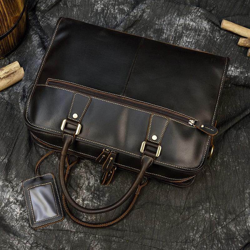 VacationGrabs mens double zipper briefcase in dark leather with sturdy handles and sleek design