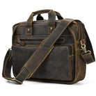 VacationGrabs mens double zipper briefcase in brown leather with adjustable shoulder strap and multiple pockets