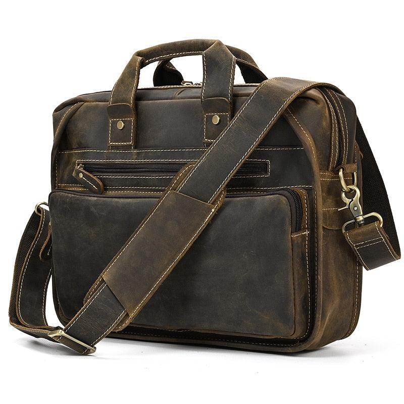 VacationGrabs mens double zipper briefcase in brown leather with adjustable shoulder strap and multiple pockets