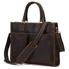 Mens double zipper briefcase in dark brown leather with spacious pockets for work and travel use