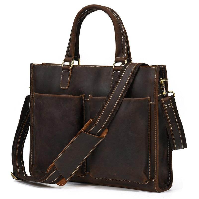 Mens double zipper briefcase in dark brown leather with spacious pockets for work and travel use