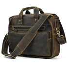 VacationGrabs mens double zipper briefcase in brown leather with shoulder strap and multiple pockets