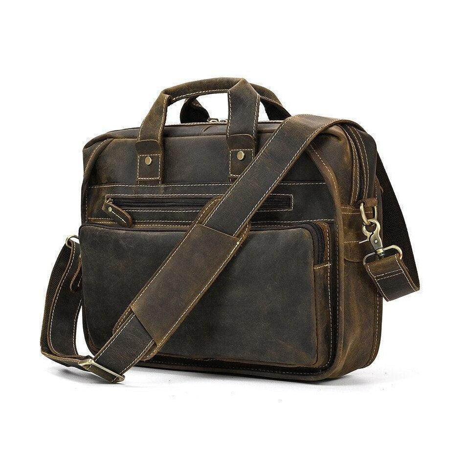 VacationGrabs mens double zipper briefcase in brown leather with shoulder strap and multiple pockets