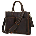 Brown mens double zipper briefcase with dual front pockets and adjustable shoulder strap