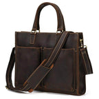 Brown mens double zipper briefcase with dual front pockets and adjustable shoulder strap
