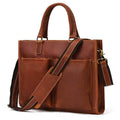 VacationGrabs mens double zipper briefcase in brown leather with dual front pockets and adjustable strap