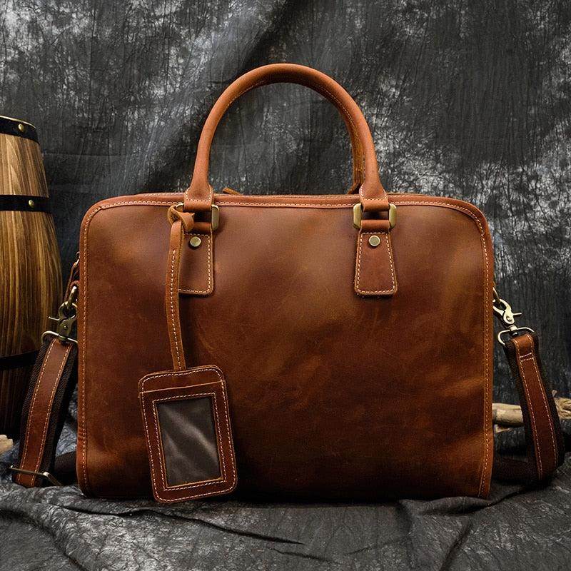 VacationGrabs mens double zipper briefcase in rich brown leather with sturdy handles and removable shoulder strap