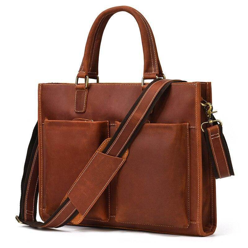 Mens double zipper briefcase in brown leather with adjustable shoulder strap and front pockets