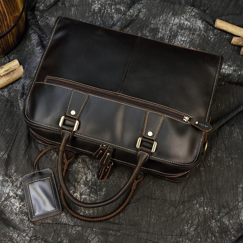  Mens Double Zipper Messenger Bag Leather Briefcase Shoulder Bag