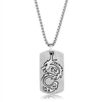 Men's dragon dog tag necklace with a sleek silver design featuring a detailed dragon engraving