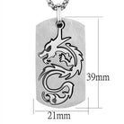 Men's dragon dog tag necklace in stainless steel with intricate dragon design and dimensions of 21mm by 39mm