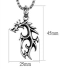 Men's dragon pendant necklace in silver with intricate design, measuring 45mm by 25mm