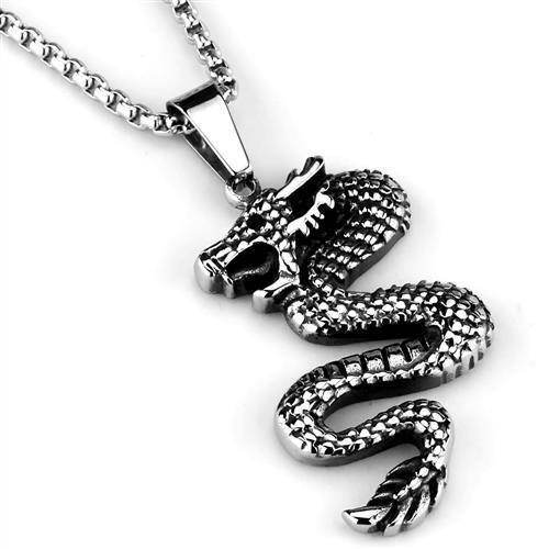 Men's dragon pendant necklace in silver featuring intricate detailing and a sturdy chain