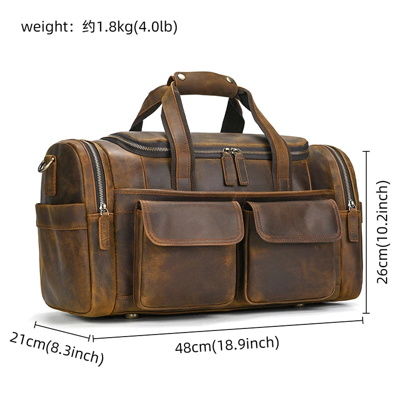 Men's duffle bag in brown leather, ideal for travel and gym use