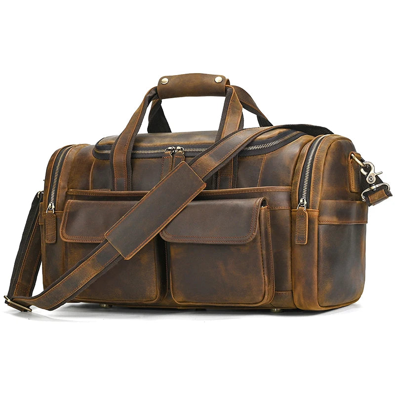 men's duffle bag, brown leather, ideal for travel and gym