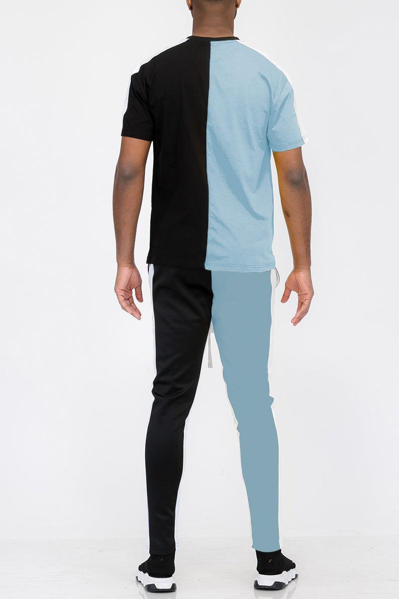 Men's Activewear Mens Dust Blue Black Two Way Split Tshirt Pants Set