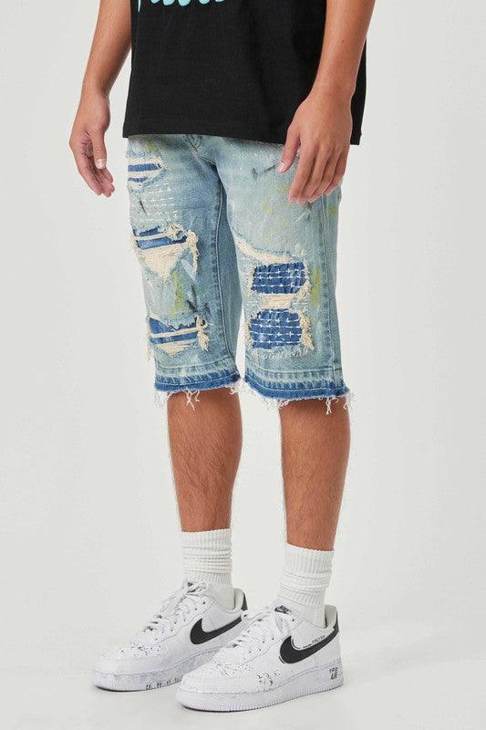 Men's Shorts Mens Fabric Patch And Boro Stitched Rip And Repair Shorts