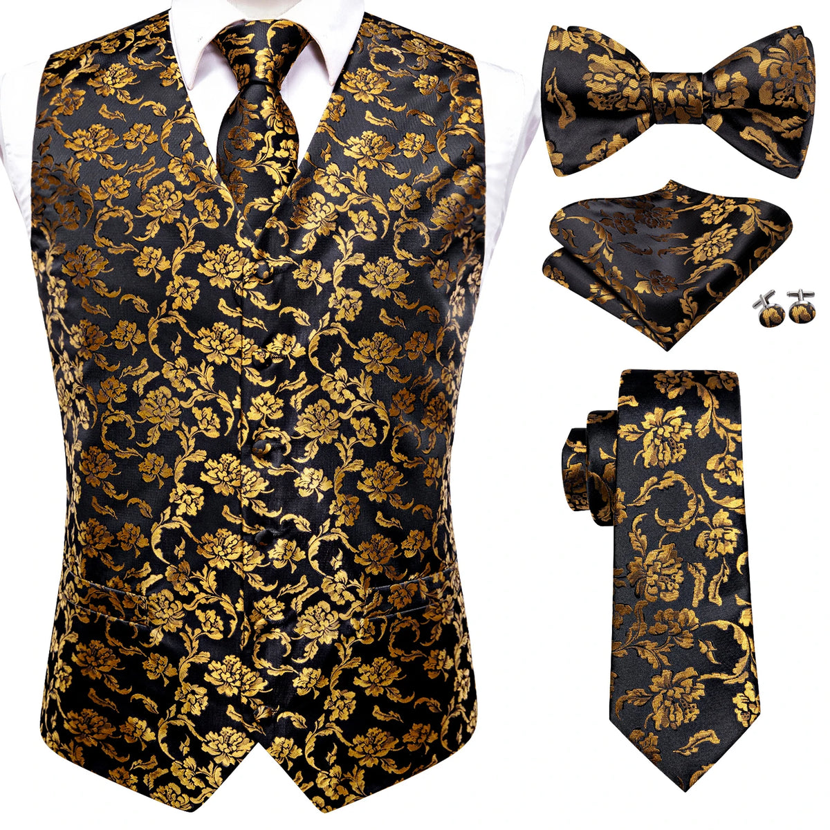 Men's black and gold patterned suit vest with matching tie and accessories