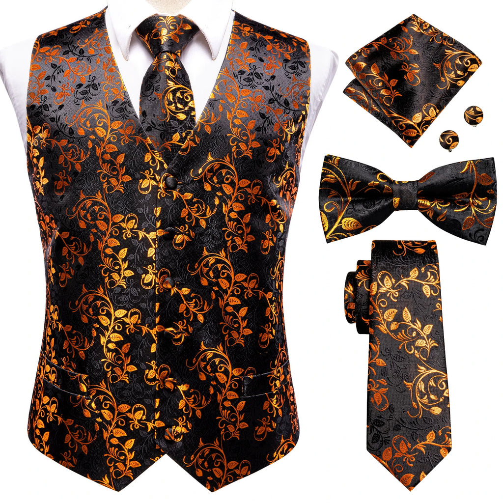 men's formal suit vest, black and gold floral pattern, ideal for weddings