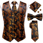men's formal suit vest, black and gold floral pattern, ideal for weddings