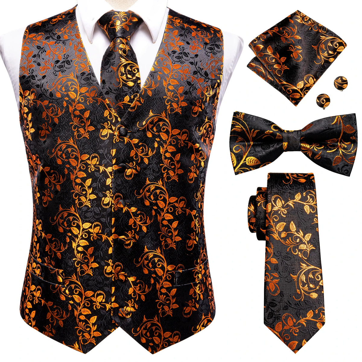 men's formal suit vest, black and gold floral pattern, ideal for weddings