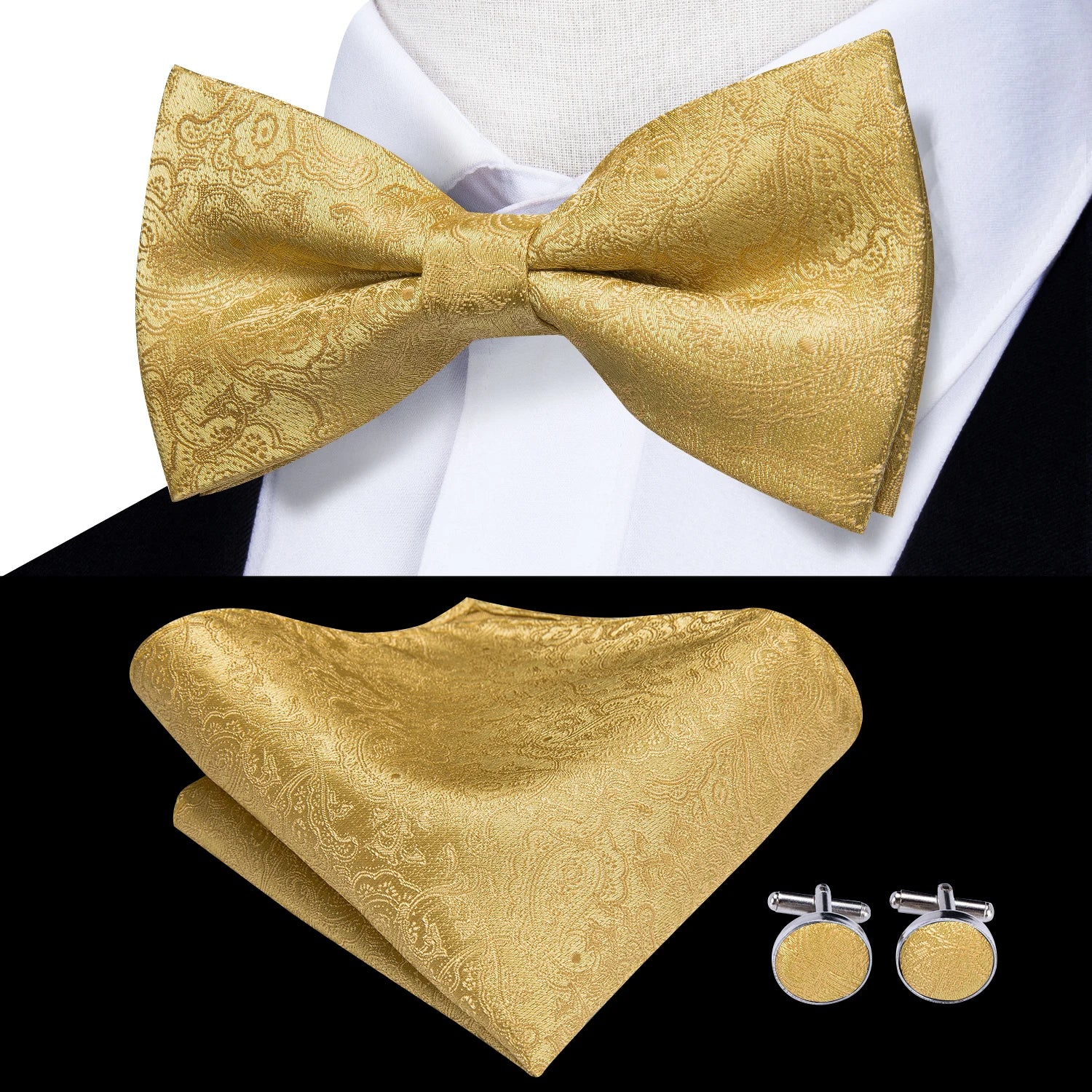 Men's gold suit bow tie and pocket square with cufflinks for formal events